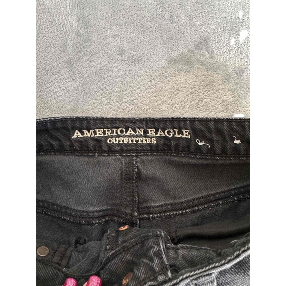 American Eagle AE 4 Pocket Mini Black Denim Frayed Hem Design Mini Skirt US 4 - Picture 3 of 9